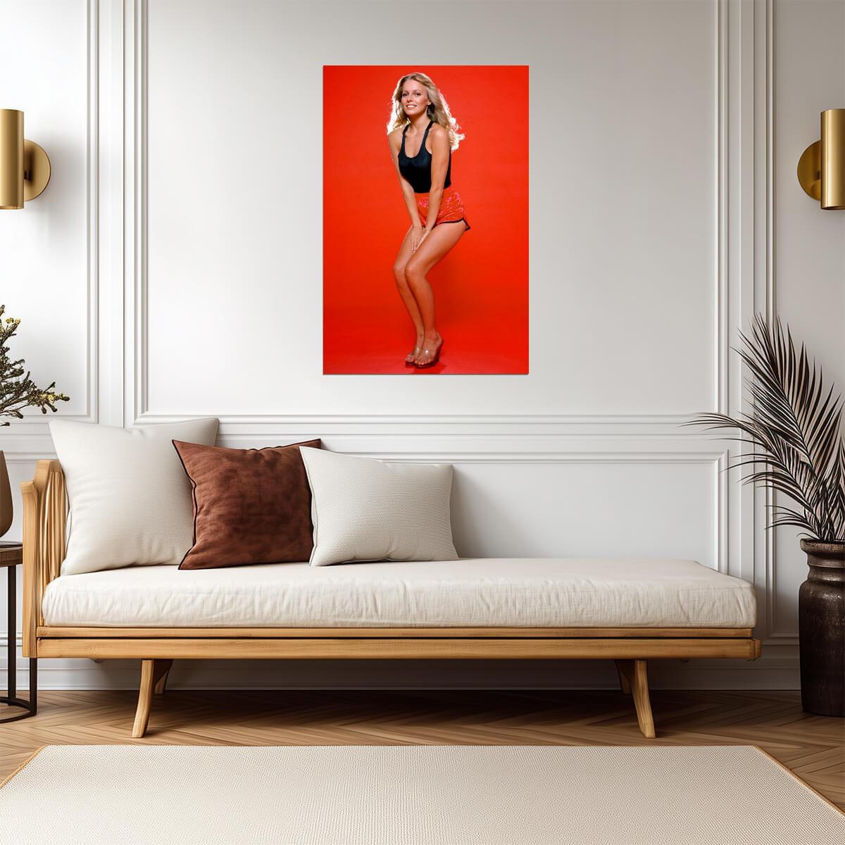 Cheryl Ladd in Shorts Poster | Red Background Wall Art Print - Celebrities Poster