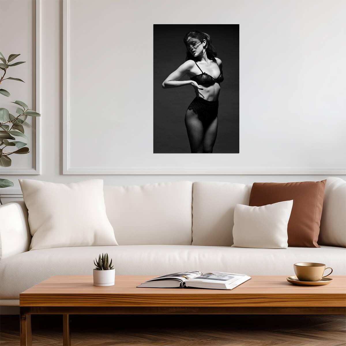 Monica Barbaro in Black Lingerie Poster | Black and White Portrait Print - Celebrities Poster