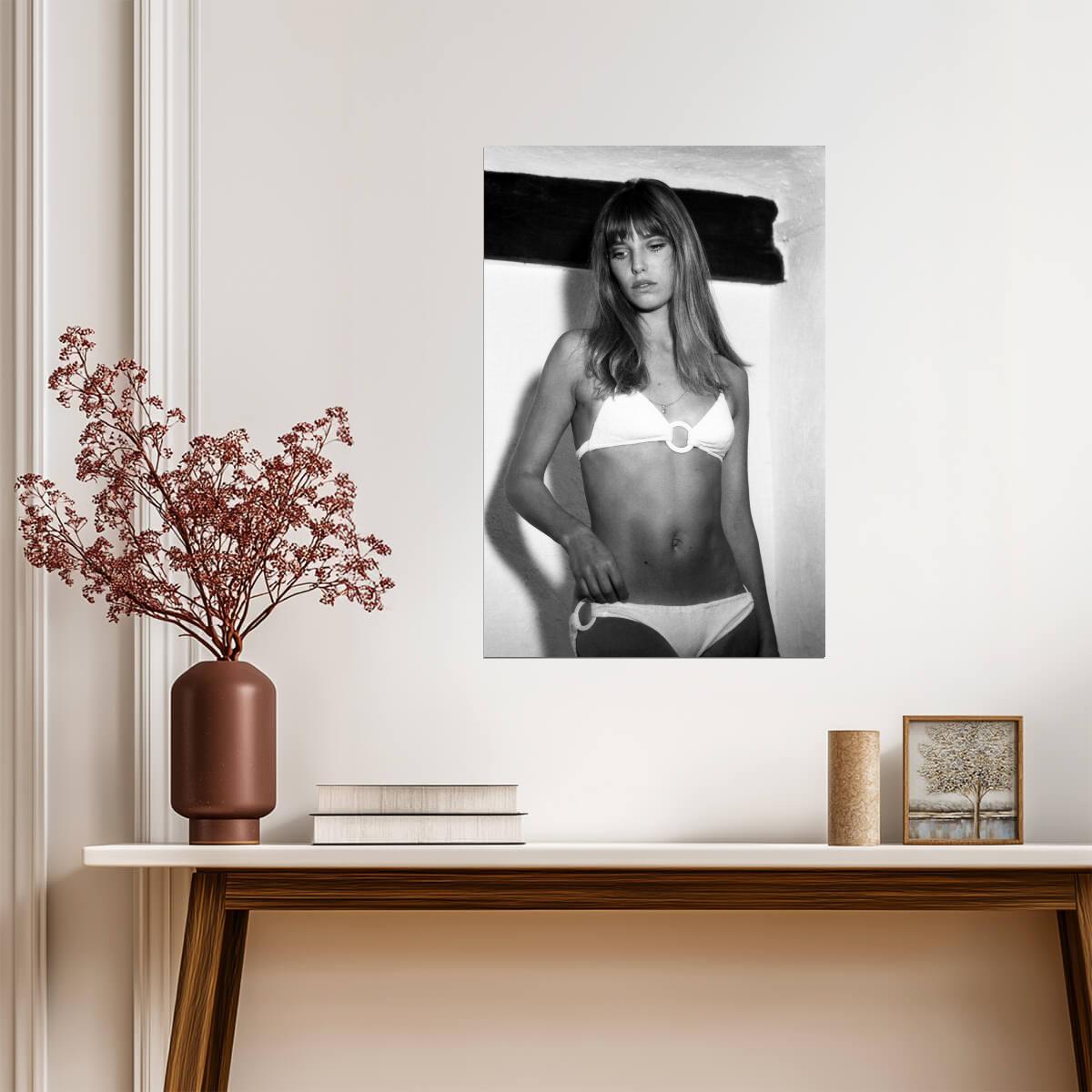 Jane Birkin in White Bikini Poster | Black and White Wall Art Print - Celebrities Poster
