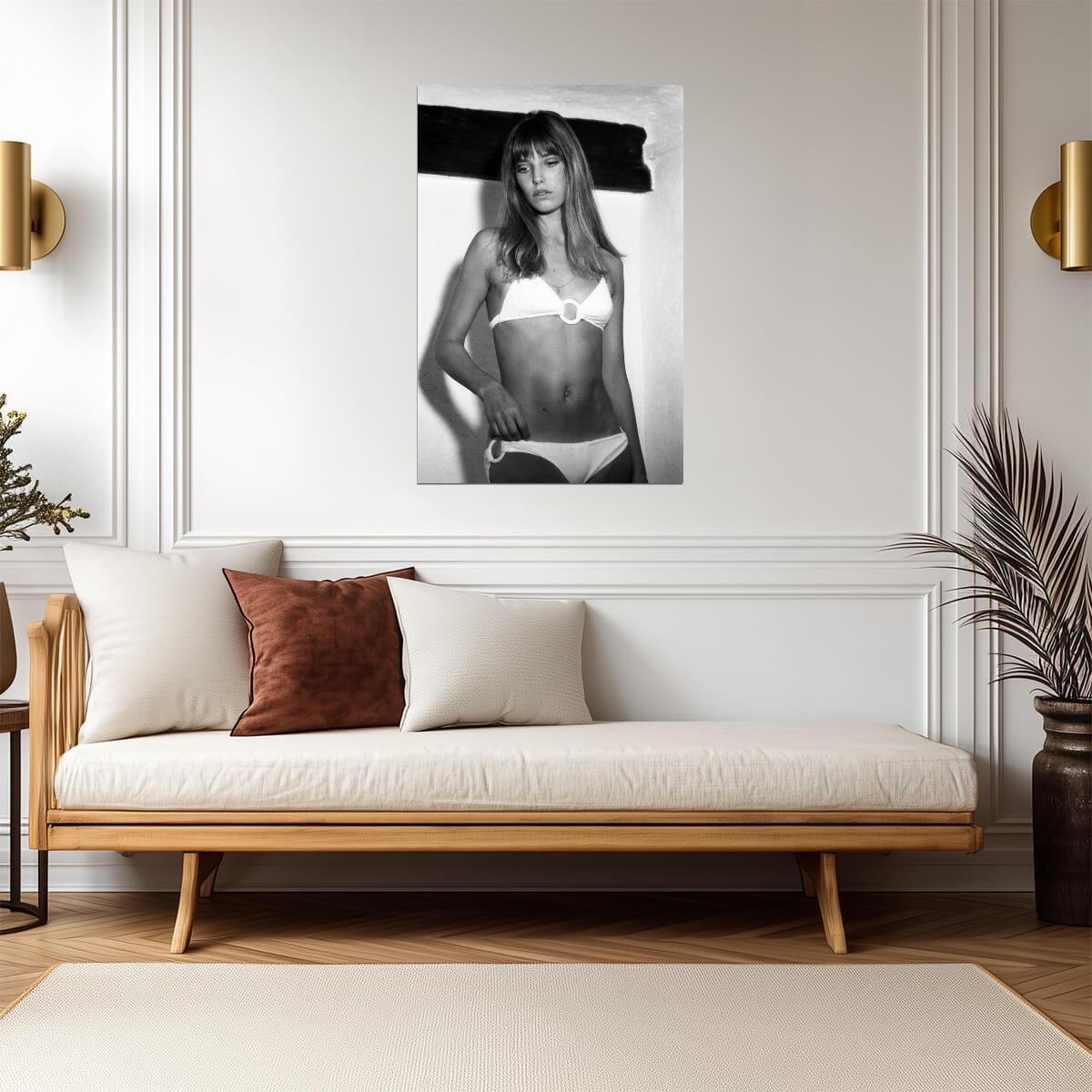 Jane Birkin in White Bikini Poster | Black and White Wall Art Print - Celebrities Poster