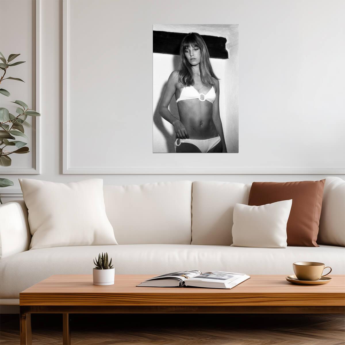Jane Birkin in White Bikini Poster | Black and White Wall Art Print - Celebrities Poster
