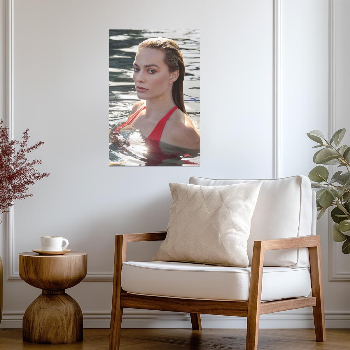 Margot Robbie in Red Swimsuit Poster | Water Scene Wall Art Print - Celebrities Poster