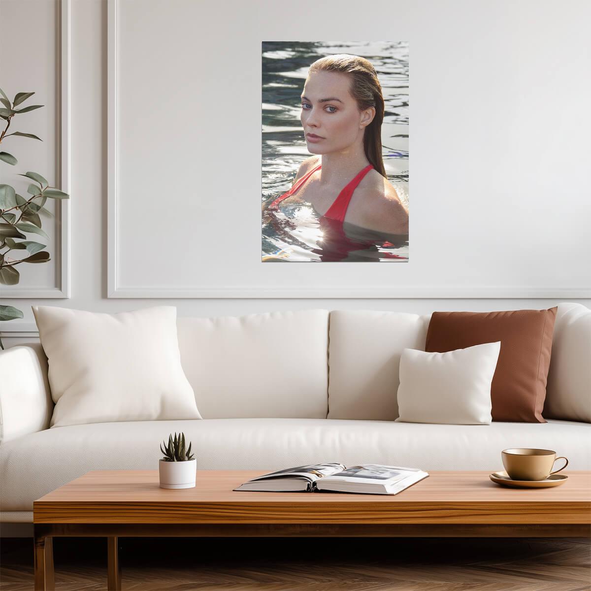 Margot Robbie in Red Swimsuit Poster | Water Scene Wall Art Print - Celebrities Poster