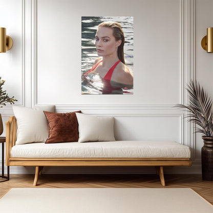 Margot Robbie in Red Swimsuit Poster | Water Scene Wall Art Print - Celebrities Poster