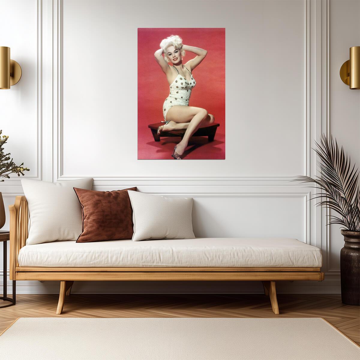 Mamie Van Doren in White Swimsuit Poster | Red Background Pinup Print - Celebrities Poster