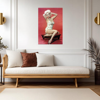 Mamie Van Doren in White Swimsuit Poster | Red Background Pinup Print - Celebrities Poster