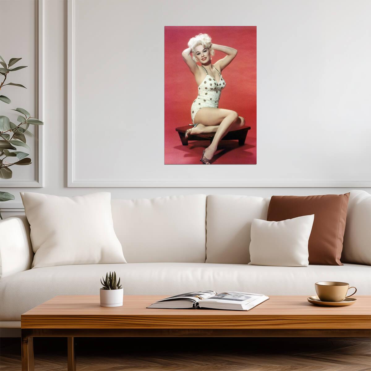 Mamie Van Doren in White Swimsuit Poster | Red Background Pinup Print - Celebrities Poster