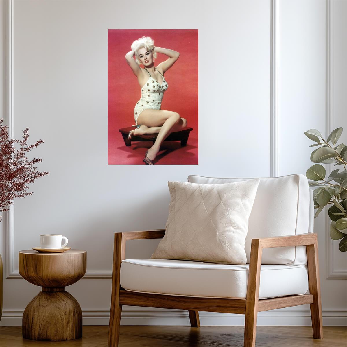 Mamie Van Doren in White Swimsuit Poster | Red Background Pinup Print - Celebrities Poster