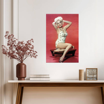 Mamie Van Doren in White Swimsuit Poster | Red Background Pinup Print - Celebrities Poster