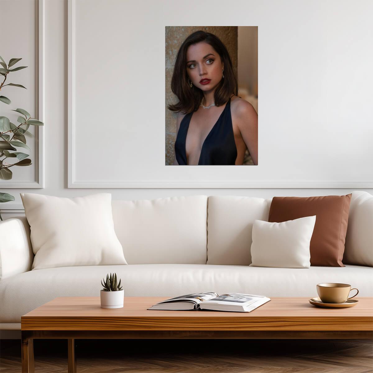Ana De Armas in Black Dress Red Lips Poster | Sexy Actress Wall Art Print - Celebrities Poster