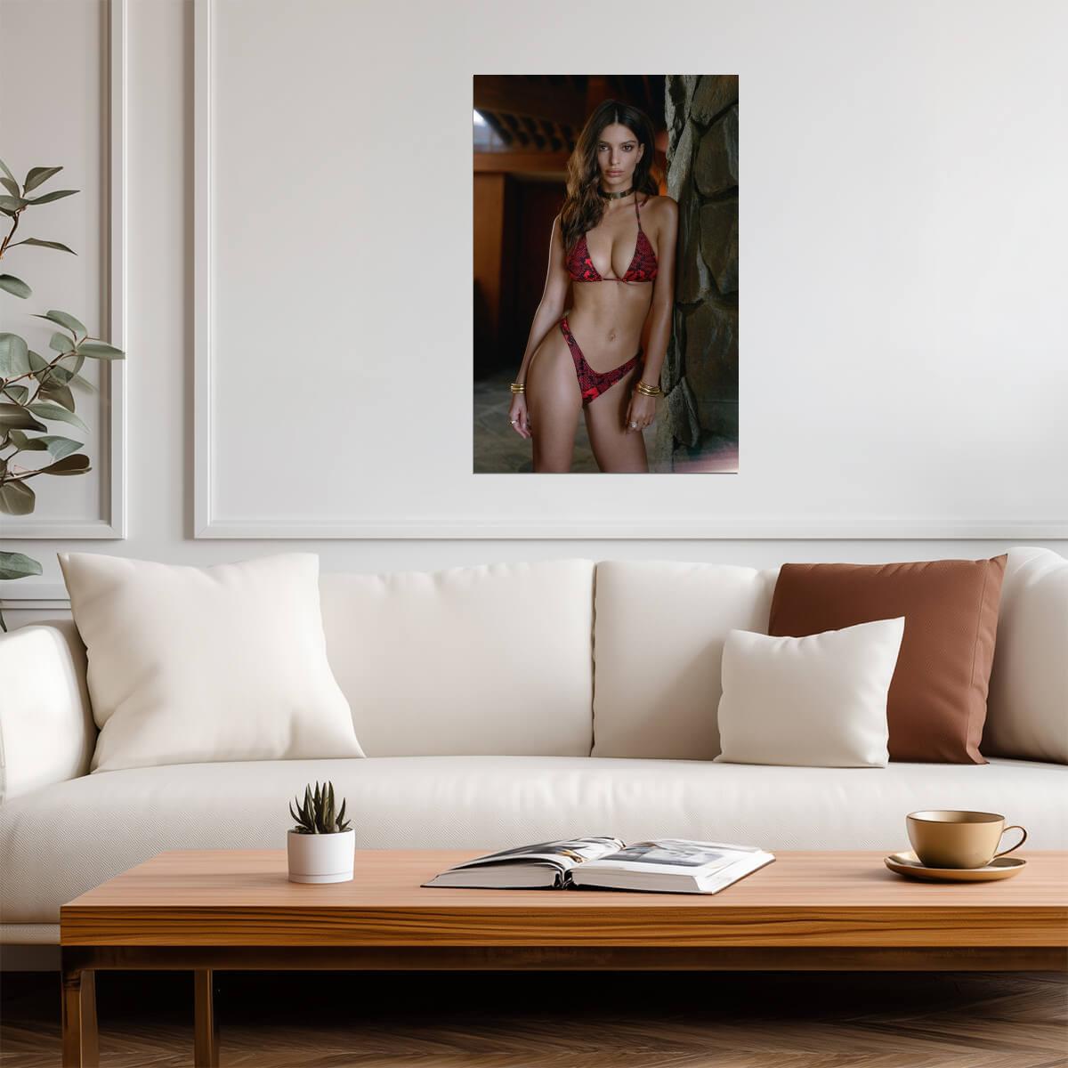 Emily Ratajkowski in Red Patterned Swimsuit Poster | Sexy Model Print - Celebrities Poster