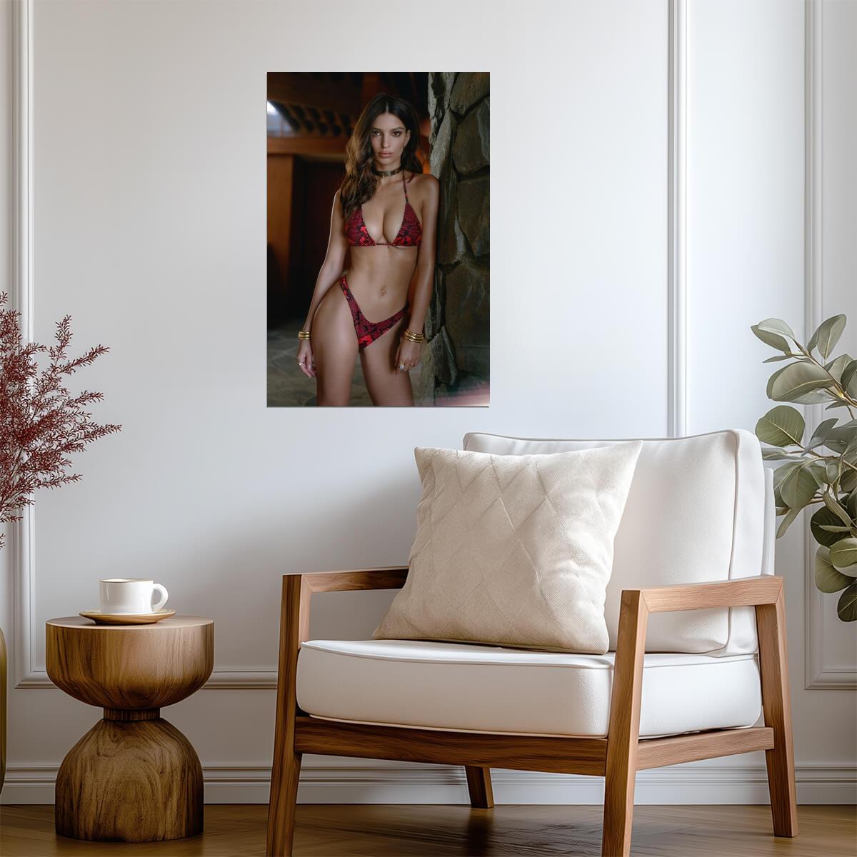 Emily Ratajkowski in Red Patterned Swimsuit Poster | Sexy Model Print - Celebrities Poster