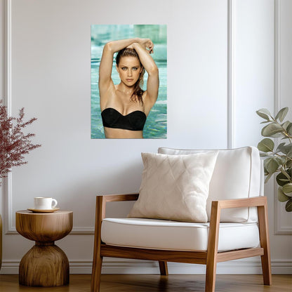 Amber Heard in Black Swimsuit Poster | Poolside Wet Hair Wall Art Print - Celebrities Poster