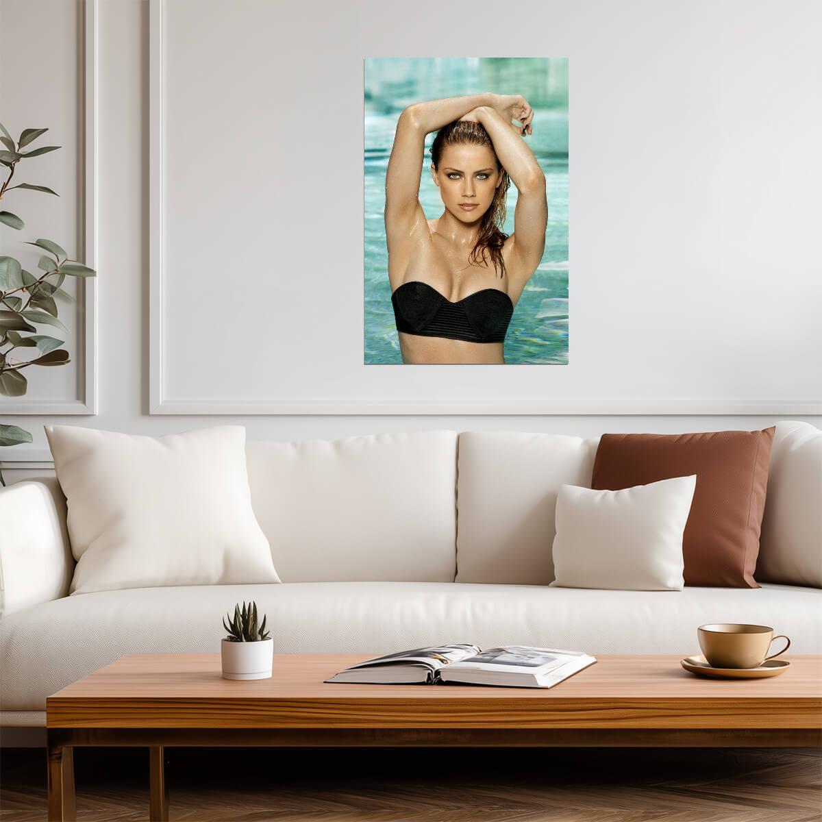 Amber Heard in Black Swimsuit Poster | Poolside Wet Hair Wall Art Print - Celebrities Poster