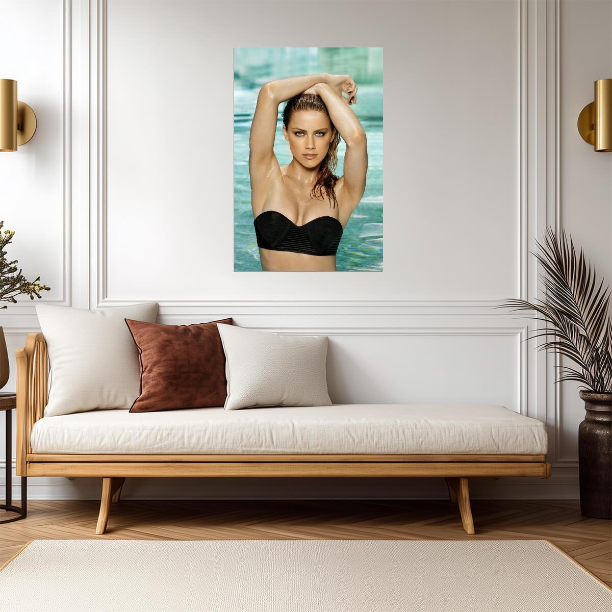 Amber Heard in Black Swimsuit Poster | Poolside Wet Hair Wall Art Print - Celebrities Poster