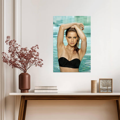 Amber Heard in Black Swimsuit Poster | Poolside Wet Hair Wall Art Print - Celebrities Poster