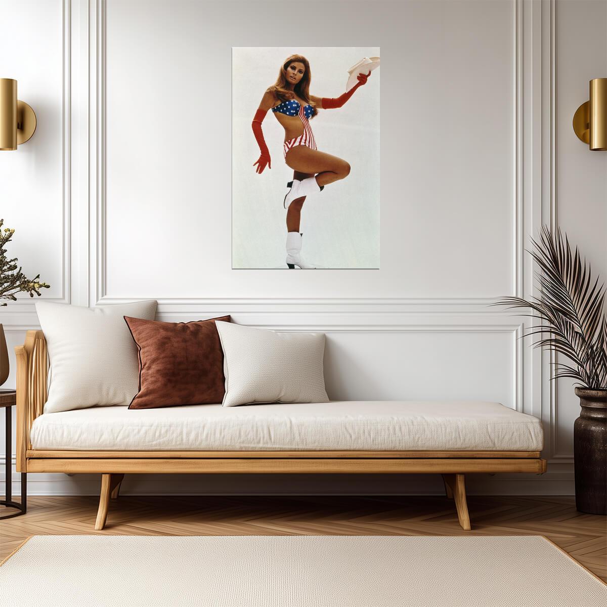 Raquel Welch Cowboy Hat and Boots Poster | American Flag Swimsuit Print - Celebrities Poster