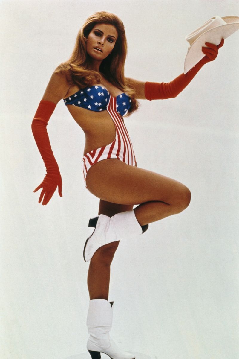 Raquel Welch Cowboy Hat and Boots Poster | American Flag Swimsuit Print - Celebrities Poster