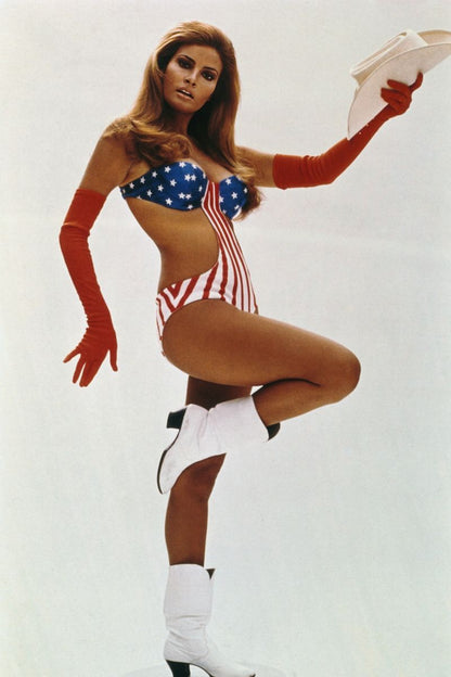 Raquel Welch Cowboy Hat and Boots Poster | American Flag Swimsuit Print - Celebrities Poster