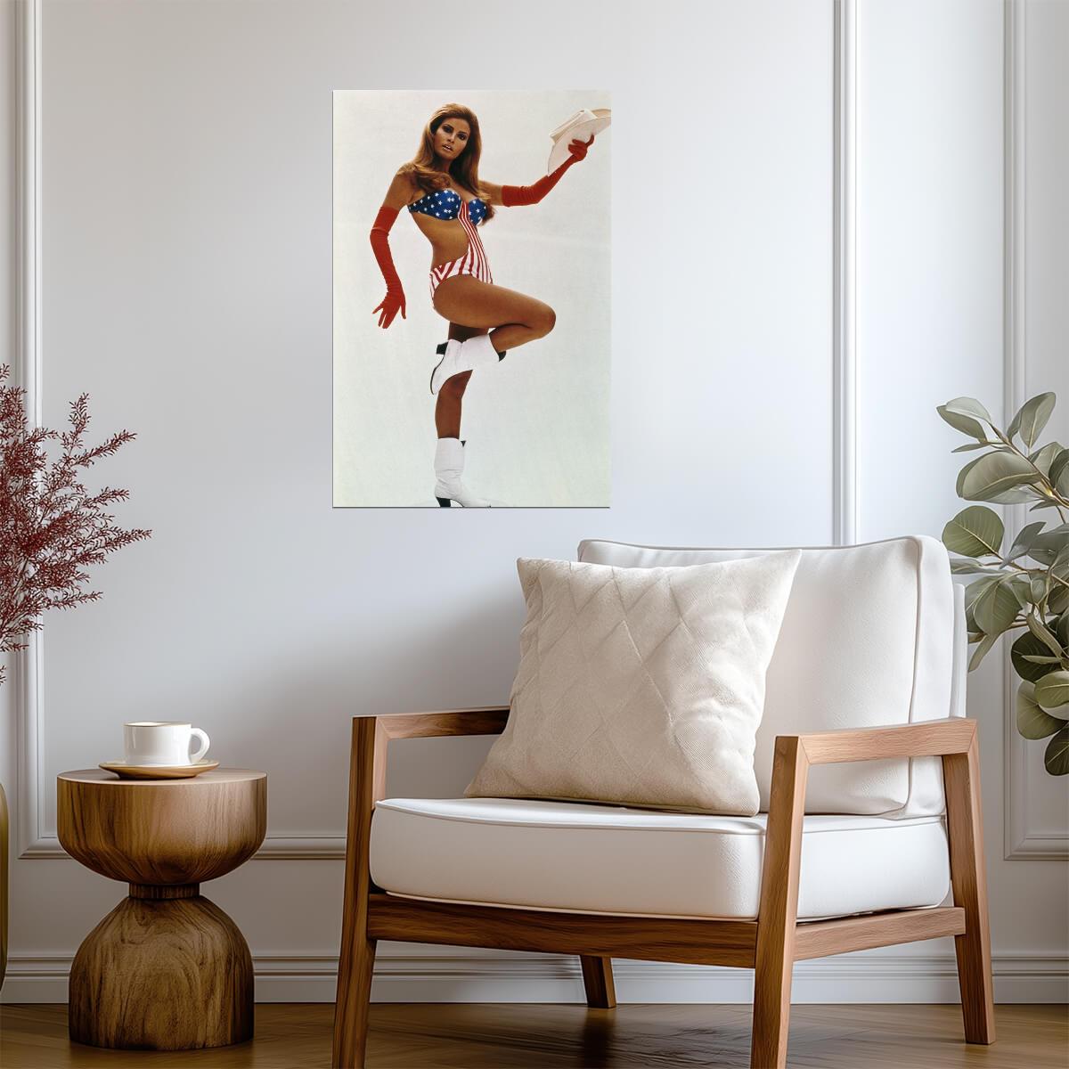 Raquel Welch Cowboy Hat and Boots Poster | American Flag Swimsuit Print - Celebrities Poster
