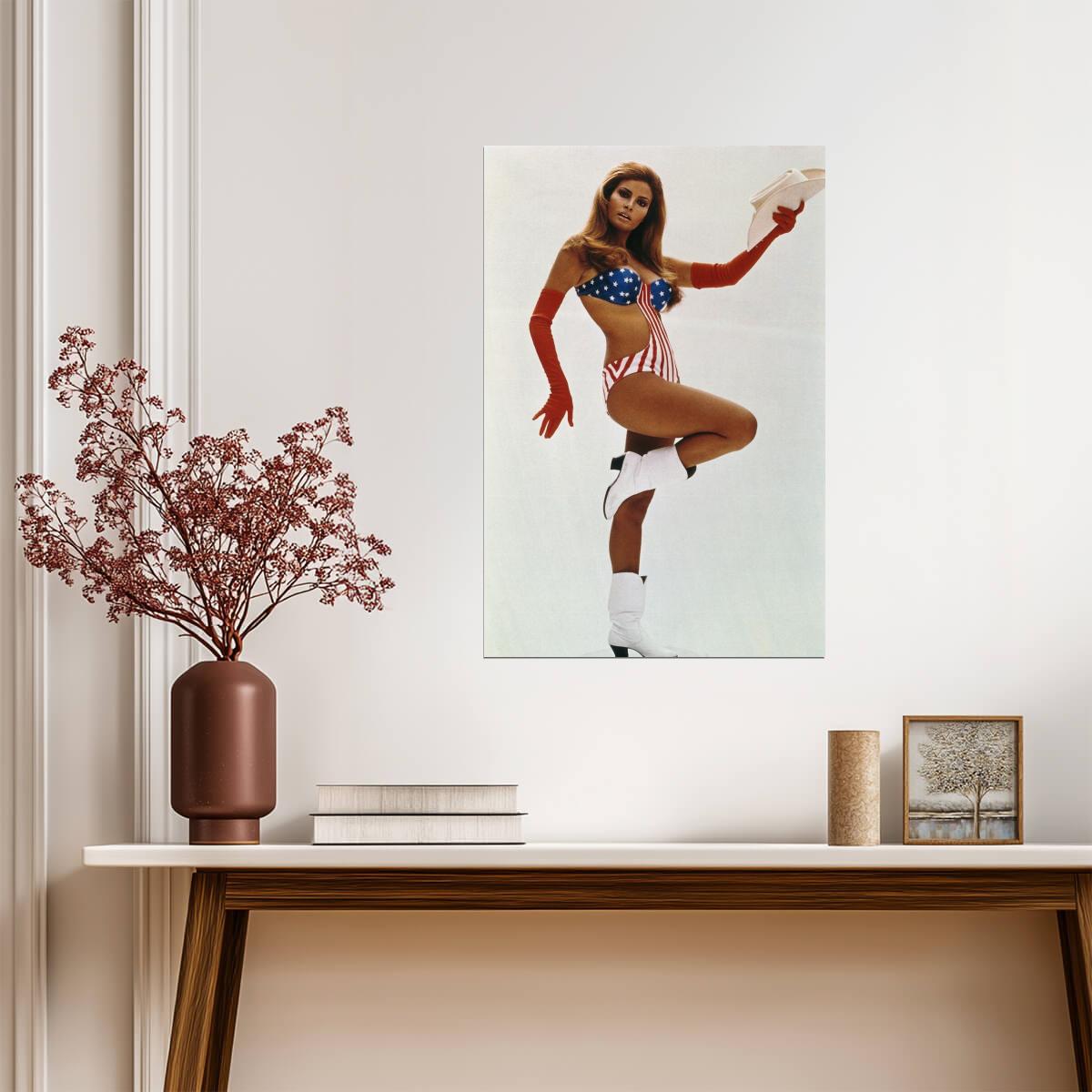 Raquel Welch Cowboy Hat and Boots Poster | American Flag Swimsuit Print - Celebrities Poster