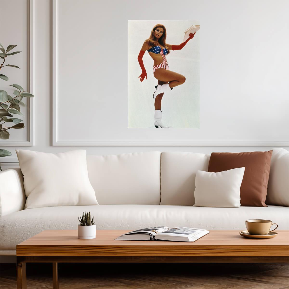 Raquel Welch Cowboy Hat and Boots Poster | American Flag Swimsuit Print - Celebrities Poster