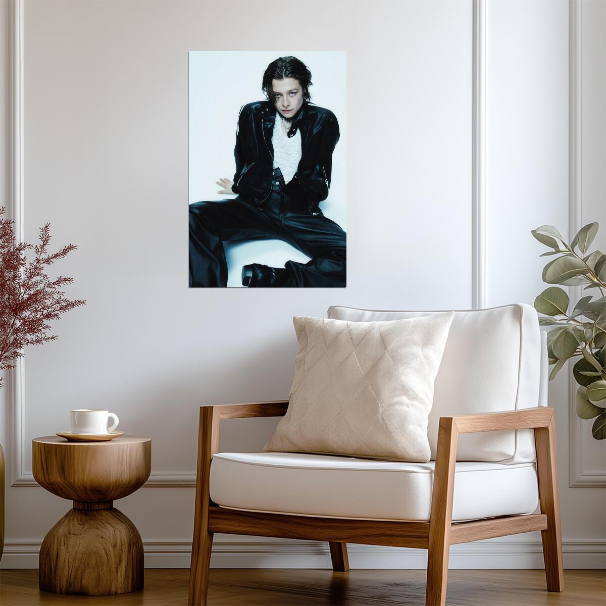 Emma D Arcy in Black Leather Suit Poster | Seated Wall Art Print - Celebrities Poster