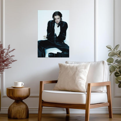 Emma D Arcy in Black Leather Suit Poster | Seated Wall Art Print - Celebrities Poster