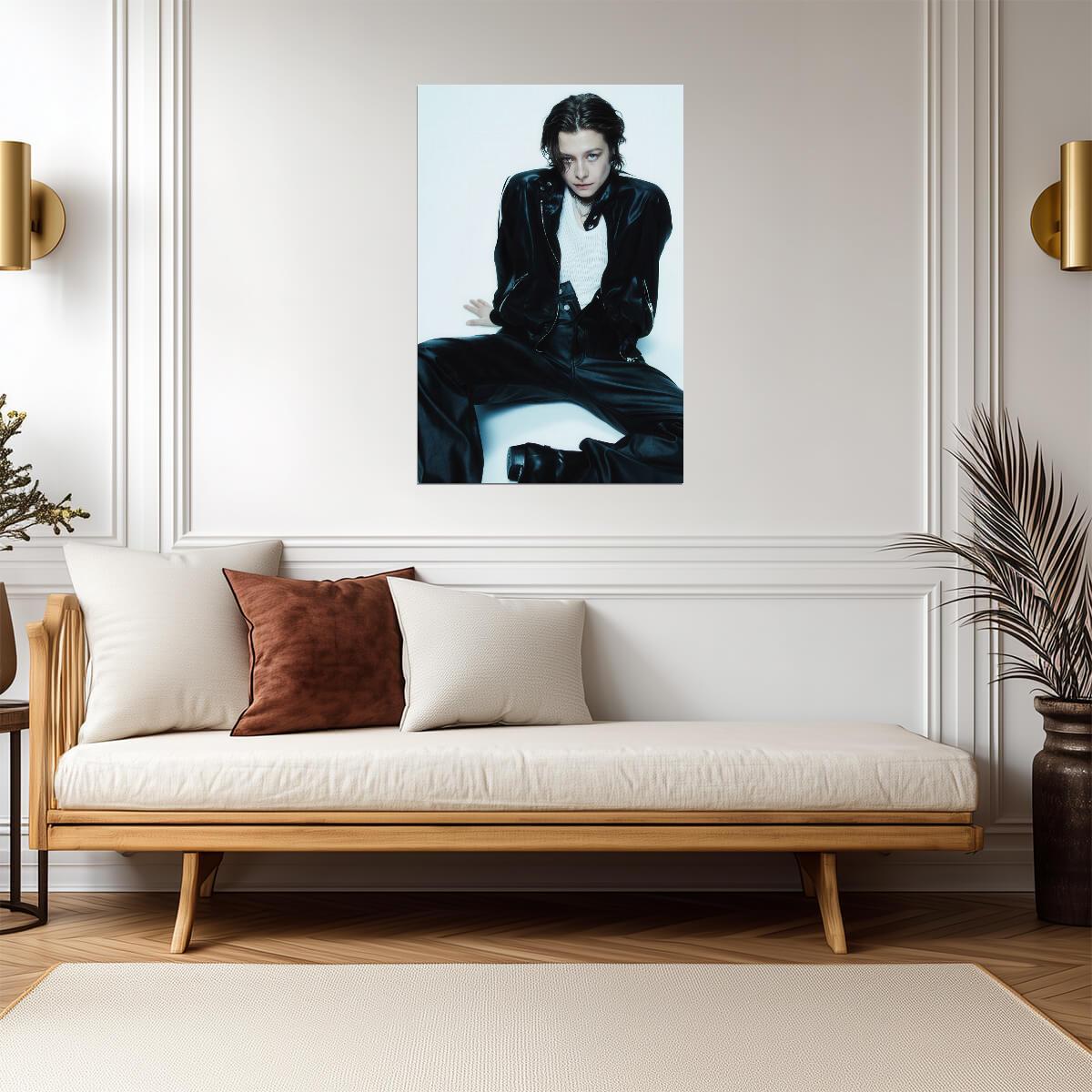 Emma D Arcy in Black Leather Suit Poster | Seated Wall Art Print - Celebrities Poster