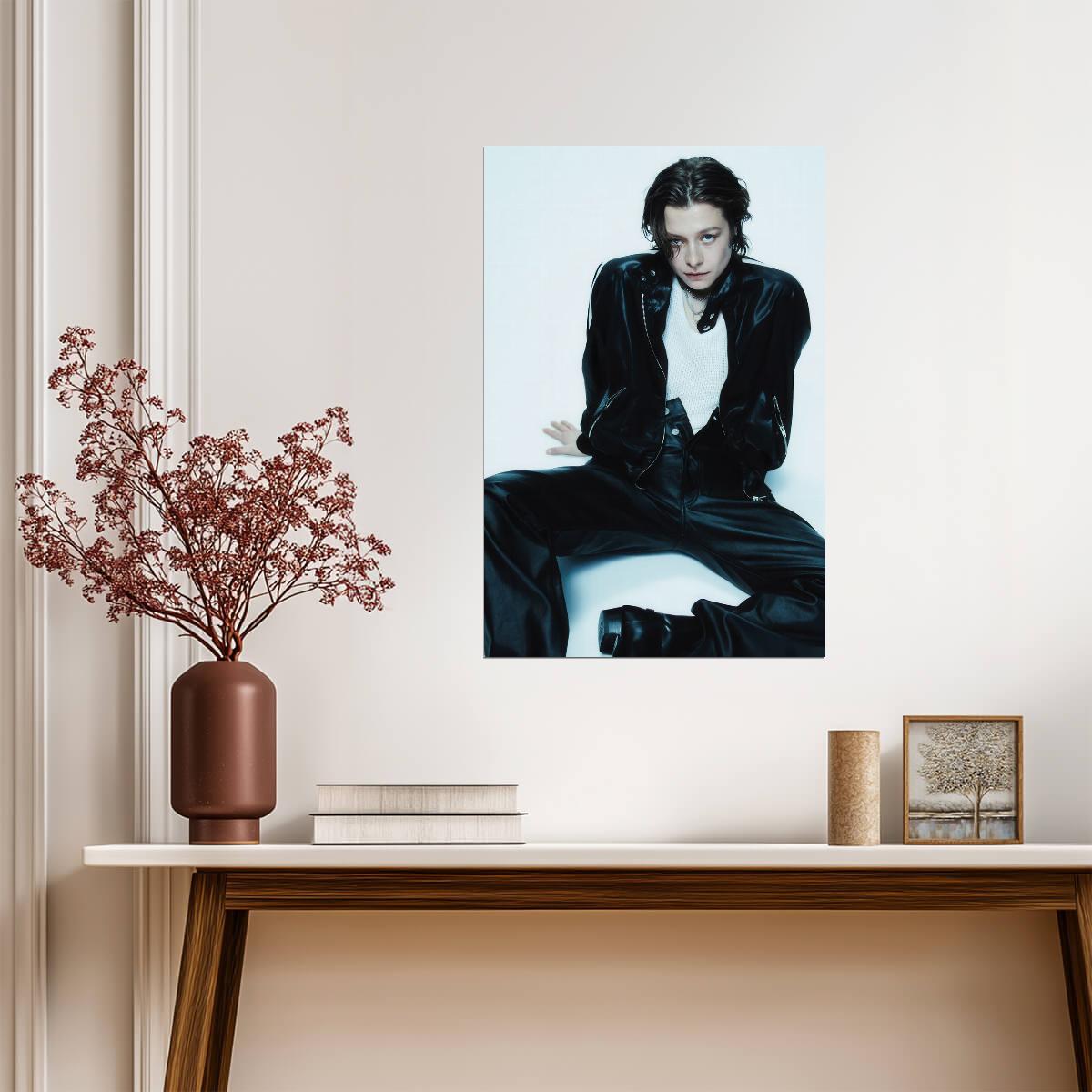 Emma D Arcy in Black Leather Suit Poster | Seated Wall Art Print - Celebrities Poster