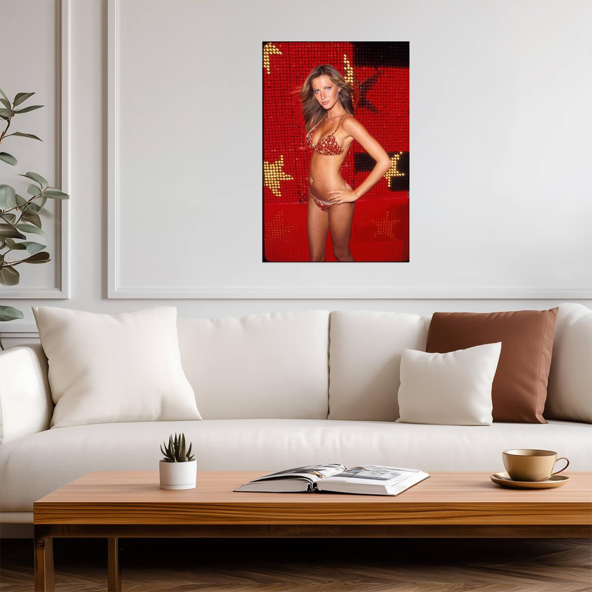 Gisele Bundchen in Red Swimsuit Poster | Stage Background Wall Art Print - Celebrities Poster