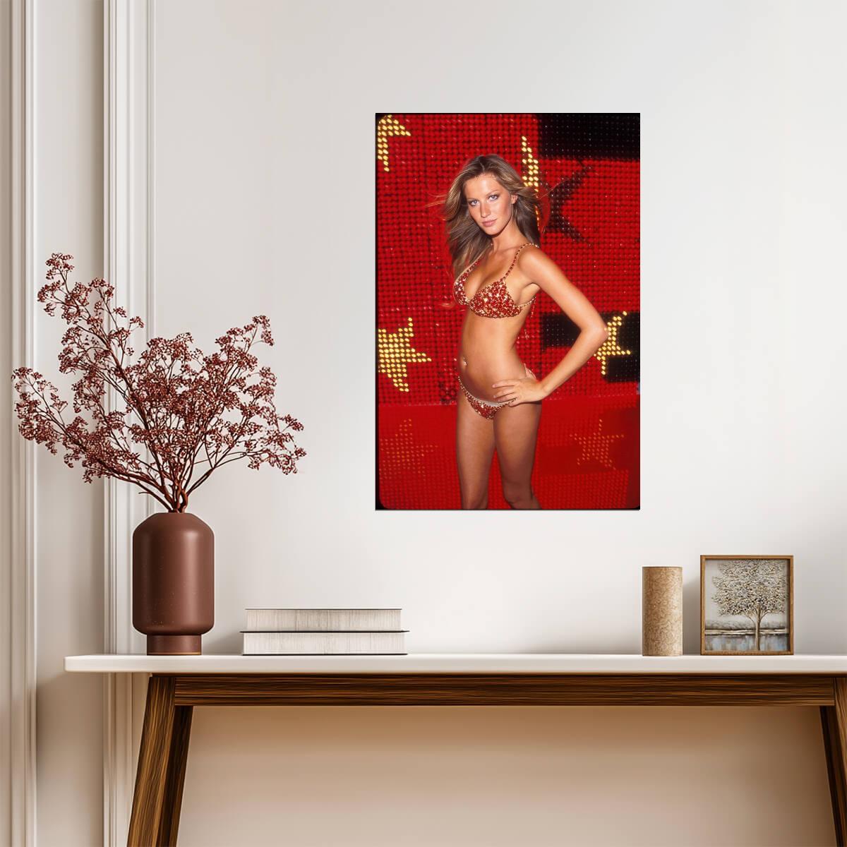 Gisele Bundchen in Red Swimsuit Poster | Stage Background Wall Art Print - Celebrities Poster