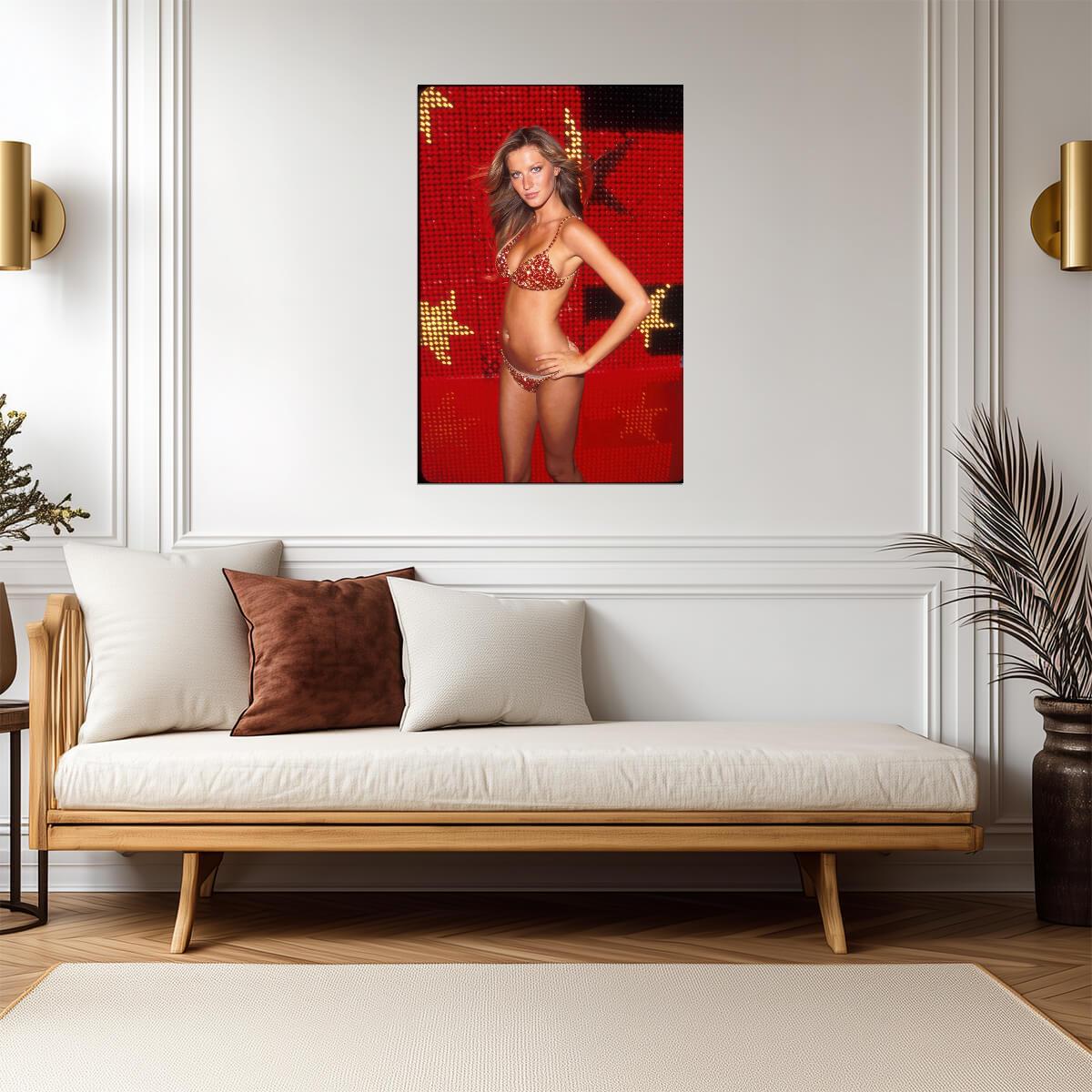 Gisele Bundchen in Red Swimsuit Poster | Stage Background Wall Art Print - Celebrities Poster