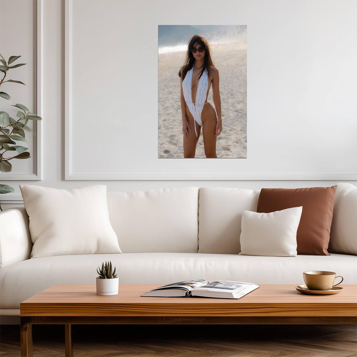 Emily Ratajkowski in White Swimsuit Poster | Beach Wall Art Print - Celebrities Poster