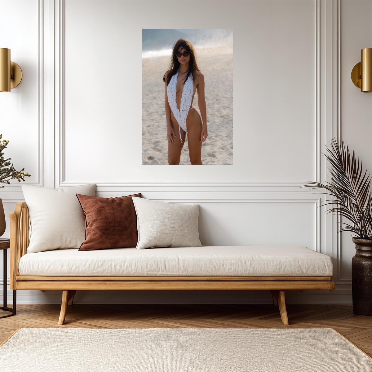 Emily Ratajkowski in White Swimsuit Poster | Beach Wall Art Print - Celebrities Poster
