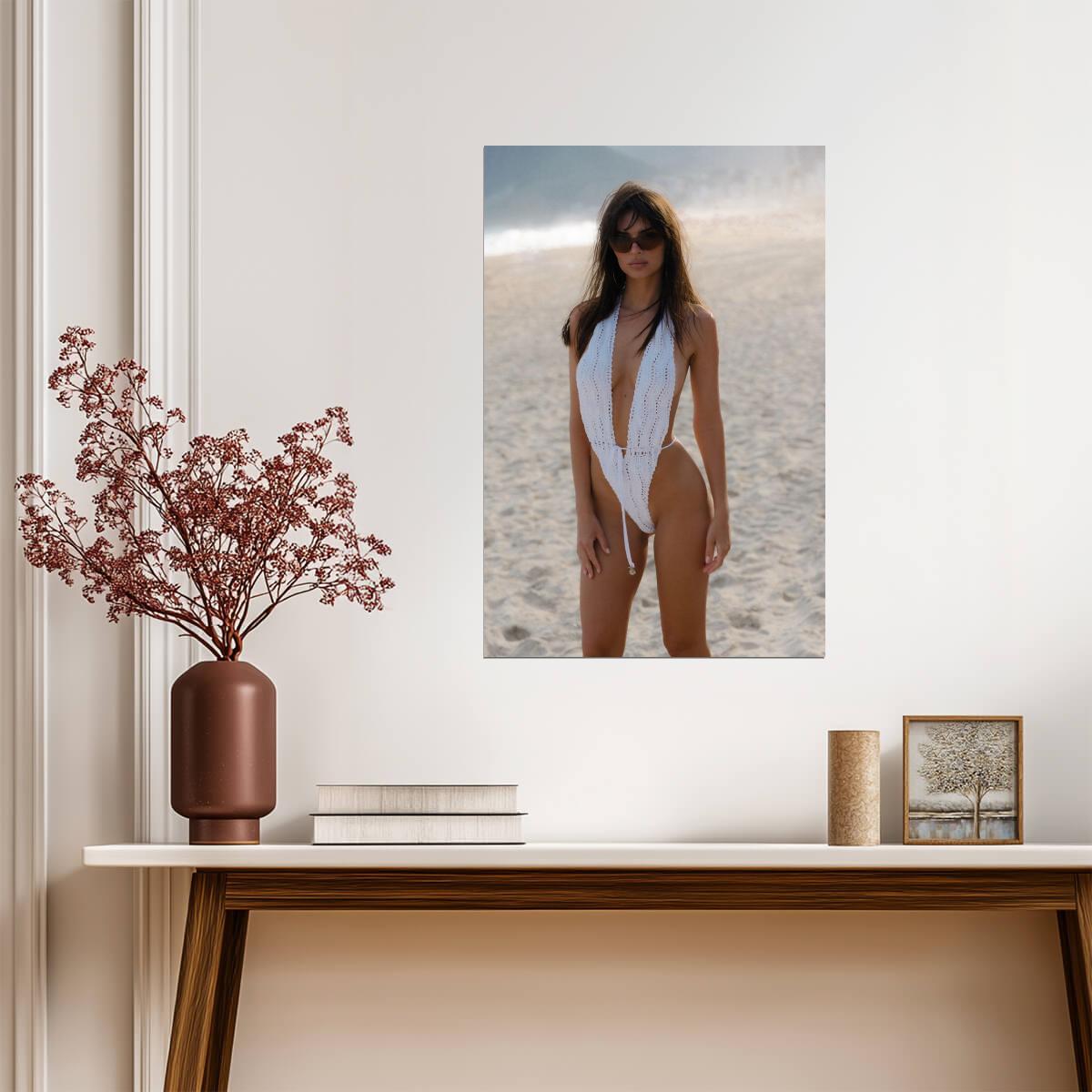 Emily Ratajkowski in White Swimsuit Poster | Beach Wall Art Print - Celebrities Poster