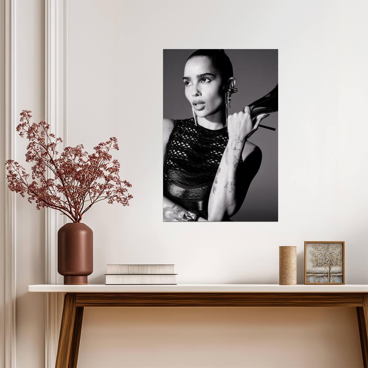Zoe Kravitz in Fishnet Top Poster | Black and White Tattoo Portrait Print - Celebrities Poster