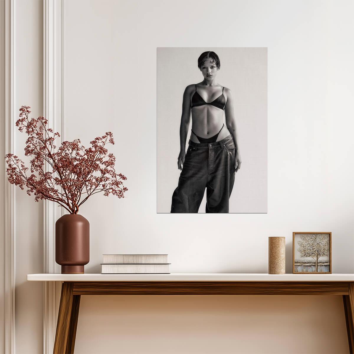 Taylor Russell in Black Lingerie Poster | Black and White Full Body Print - Celebrities Poster