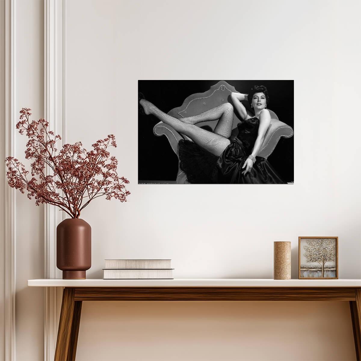 Ava Gardner Pinup Poster | Black and White Lying Pose Wall Art Print - Celebrities Poster