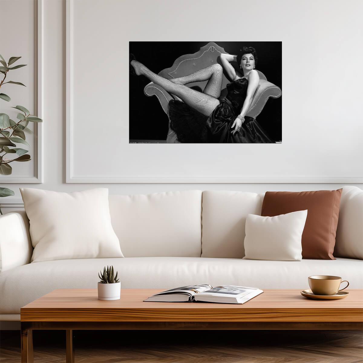 Ava Gardner Pinup Poster | Black and White Lying Pose Wall Art Print - Celebrities Poster