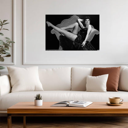 Ava Gardner Pinup Poster | Black and White Lying Pose Wall Art Print - Celebrities Poster