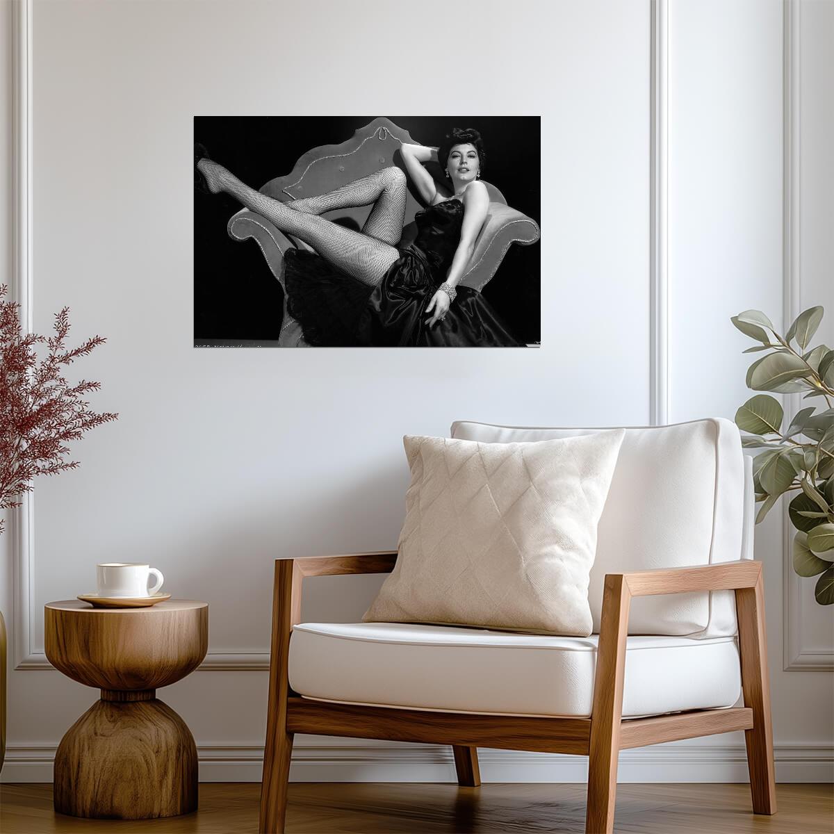 Ava Gardner Pinup Poster | Black and White Lying Pose Wall Art Print - Celebrities Poster