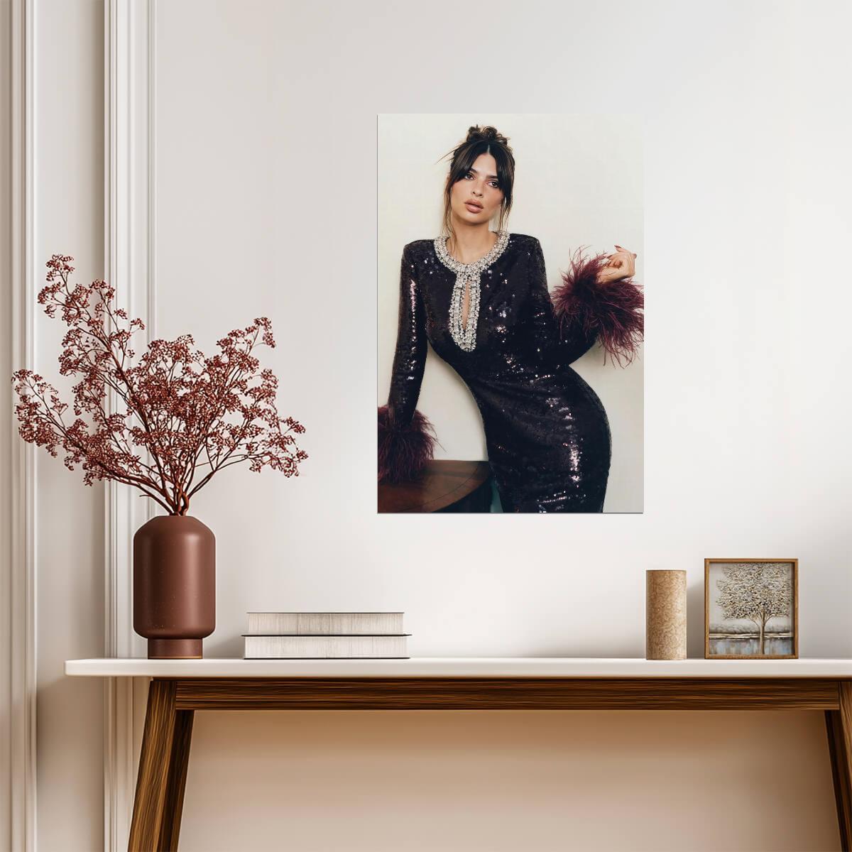 Emily Ratajkowski in Black Feather Dress Poster | Glamour Wall Art Print - Celebrities Poster