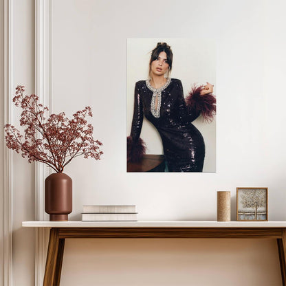 Emily Ratajkowski in Black Feather Dress Poster | Glamour Wall Art Print - Celebrities Poster
