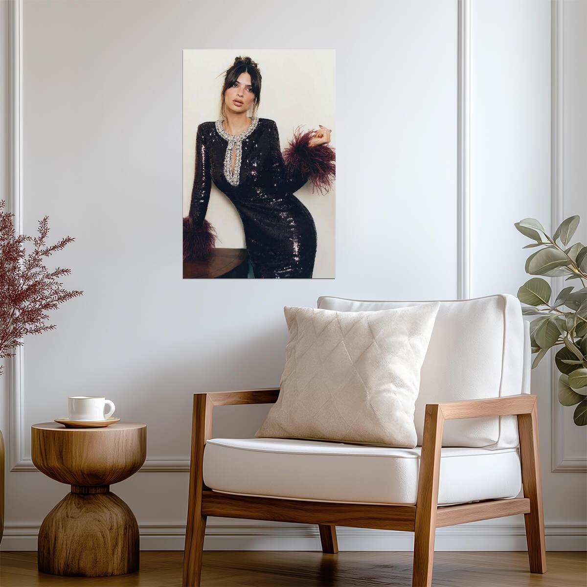 Emily Ratajkowski in Black Feather Dress Poster | Glamour Wall Art Print - Celebrities Poster