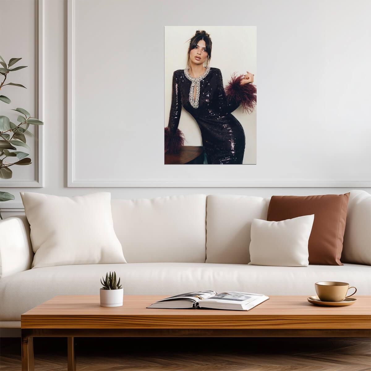 Emily Ratajkowski in Black Feather Dress Poster | Glamour Wall Art Print - Celebrities Poster