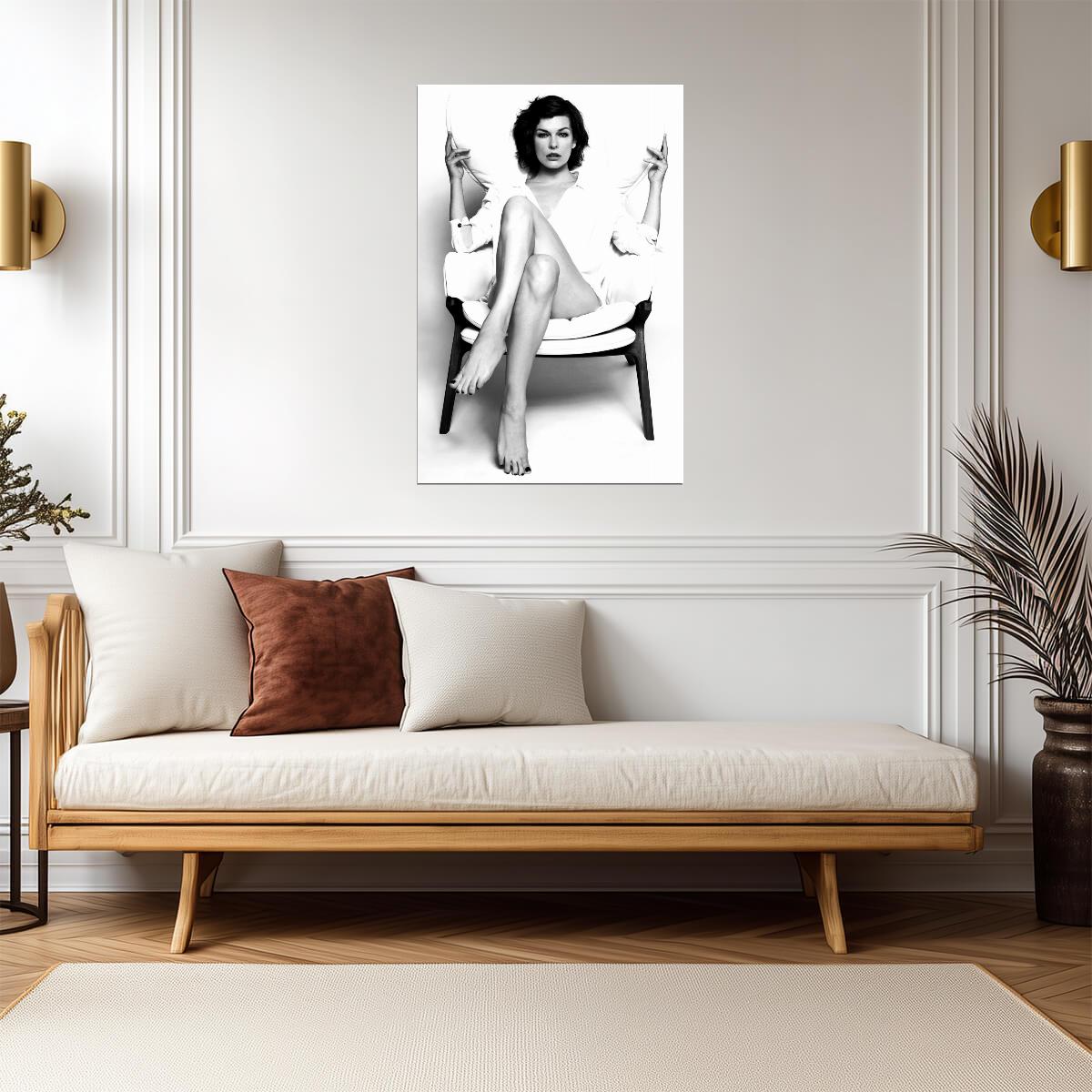 Milla Jovovich Sexy Legs Poster | Black and White Seated Wall Art Print - Celebrities Poster