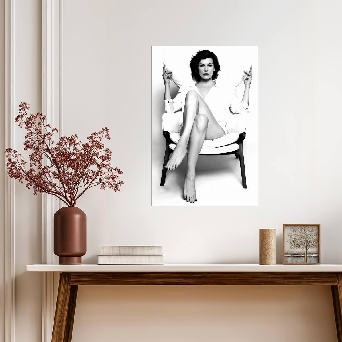 Milla Jovovich Sexy Legs Poster | Black and White Seated Wall Art Print - Celebrities Poster