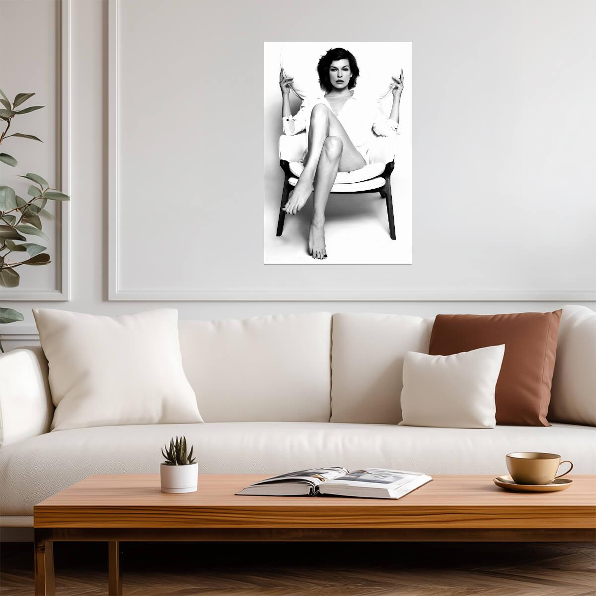 Milla Jovovich Sexy Legs Poster | Black and White Seated Wall Art Print - Celebrities Poster