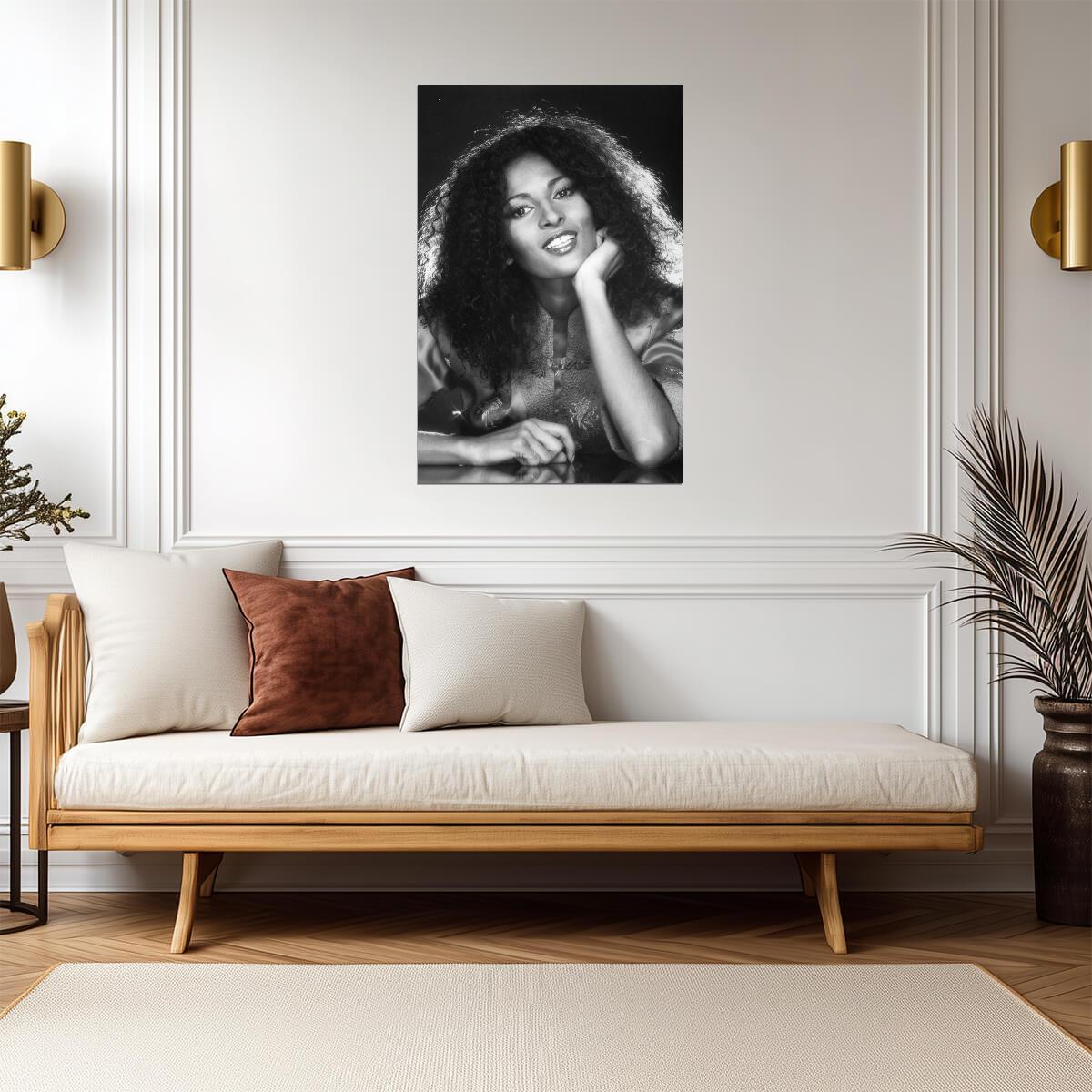Pam Grier Smiling Portrait Poster | Black and White Wall Art Print - Celebrities Poster
